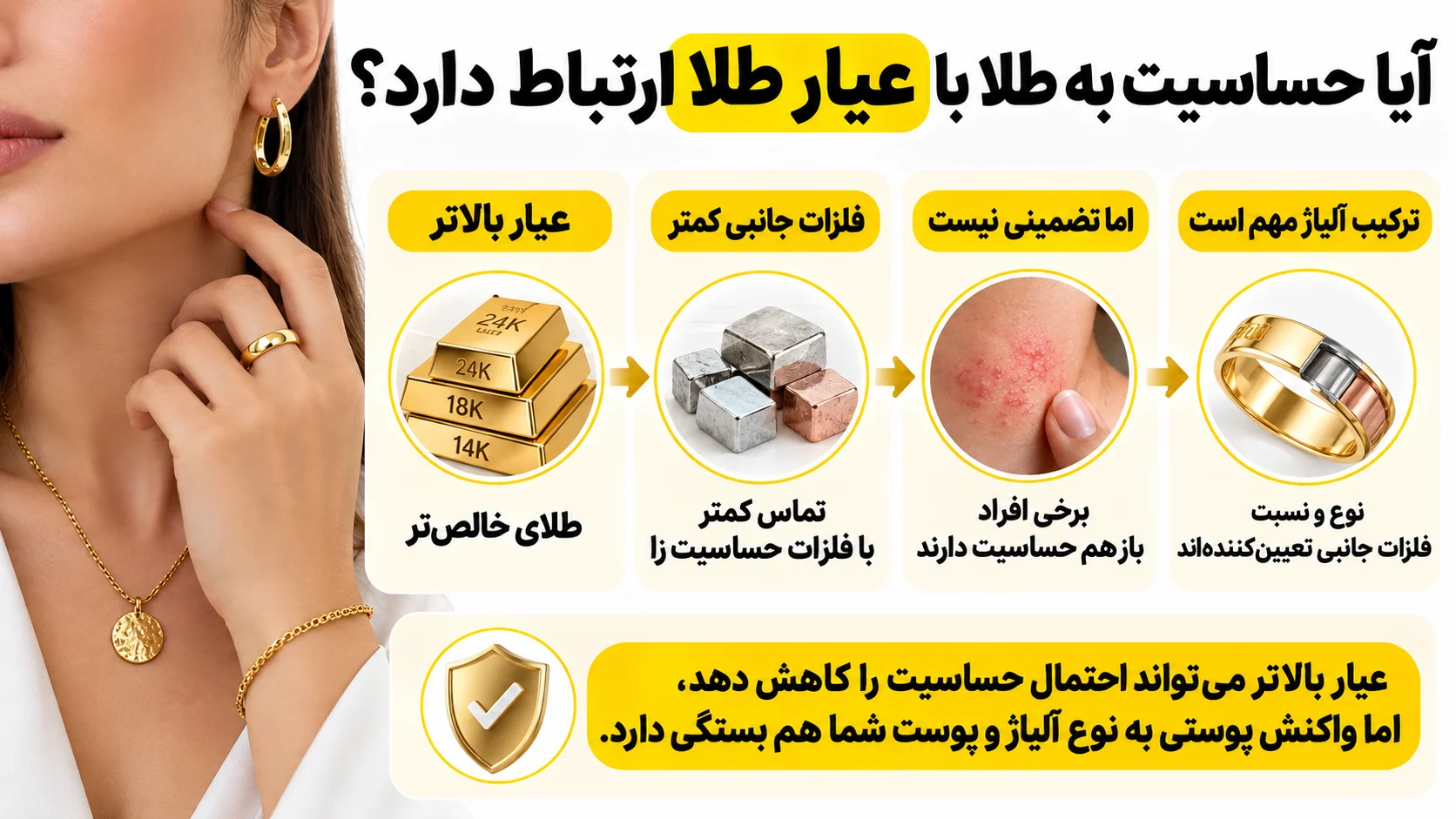حساسیت به طلا و زیورآلات، علت چیست و هنگام خرید به چه نکاتی توجه کنیم؟ آیا حساسیت به طلا با عیار طلا ارتباط دارد؟