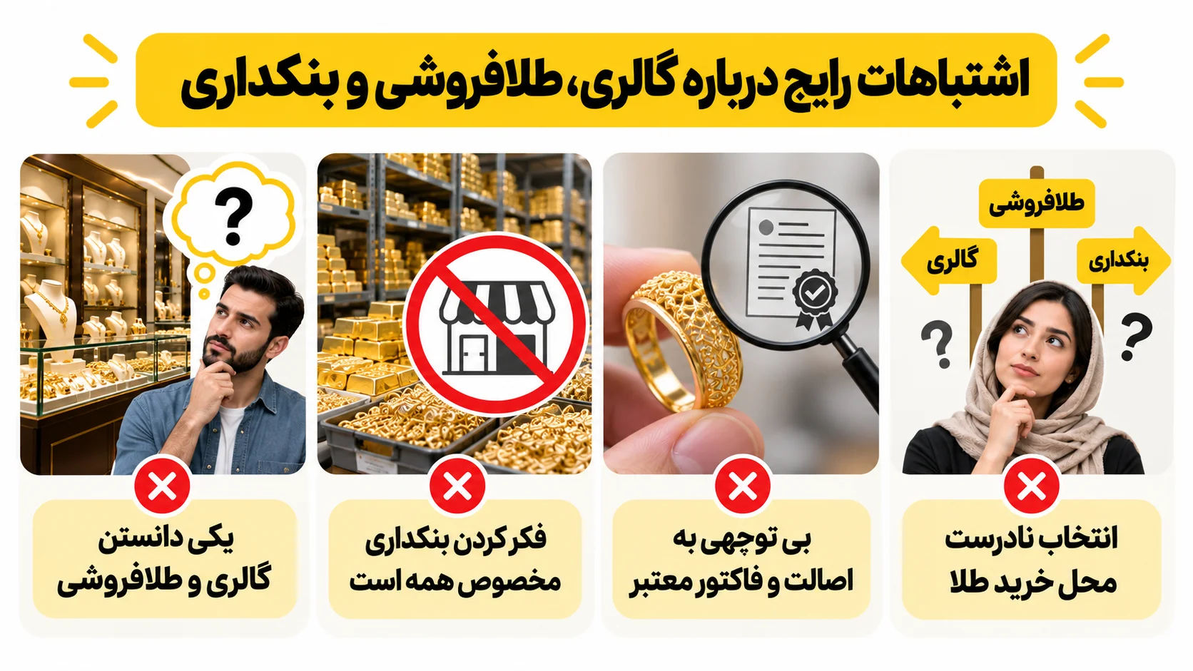 تفاوت گالری طلا، طلافروشی و بنکداری چیست؟ اشتباهات رایج درباره گالری، طلافروشی و بنکداری