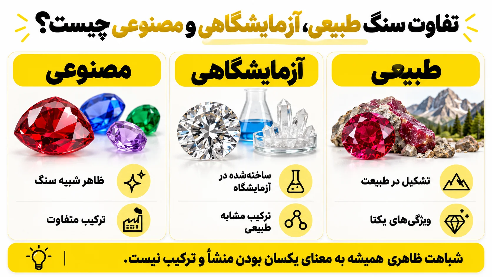 تفاوت سنگ طبیعی، آزمایشگاهی و مصنوعی چیست؟