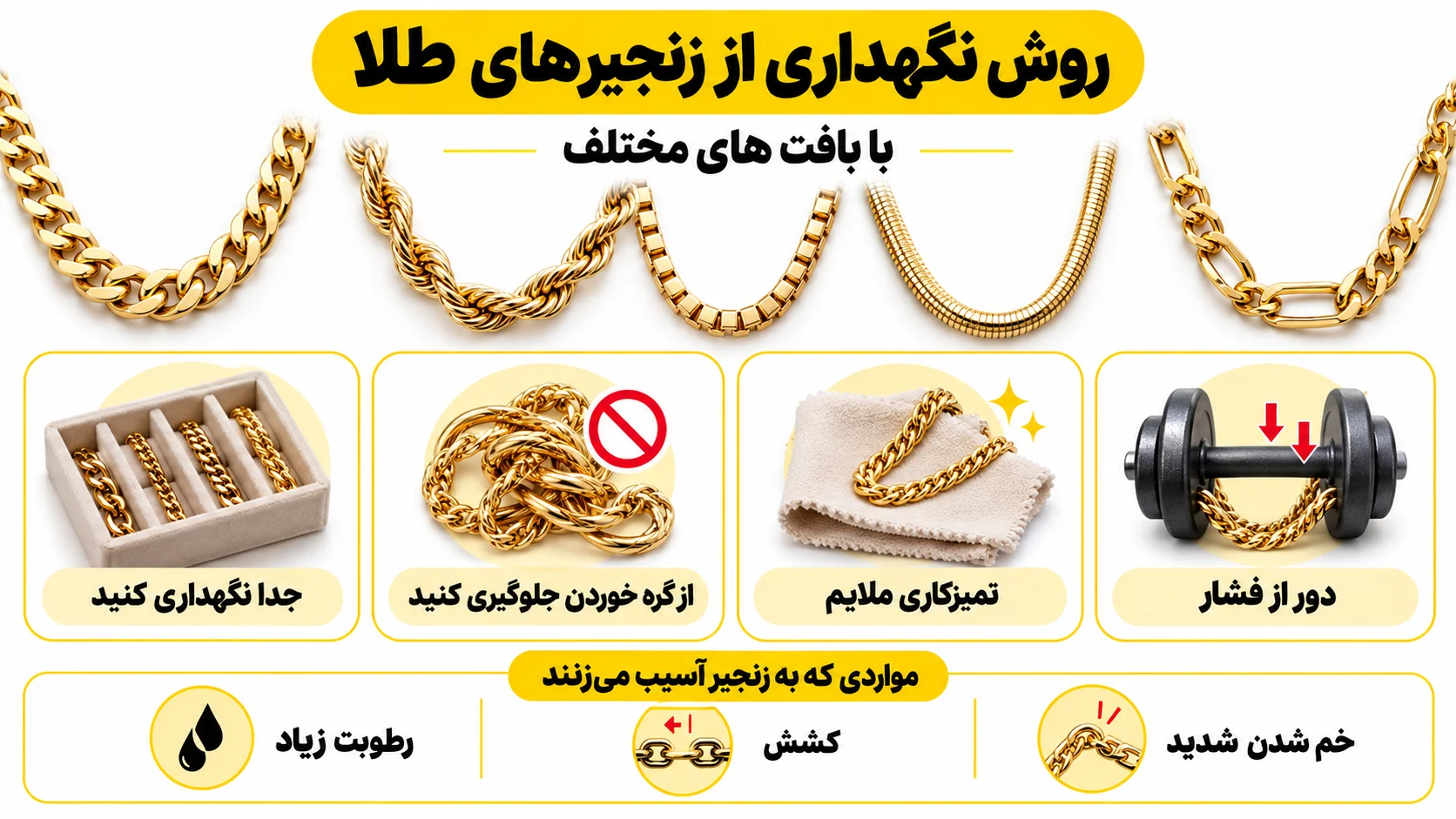 روش نگهداری از زنجیرهای طلا با بافت های مختلف