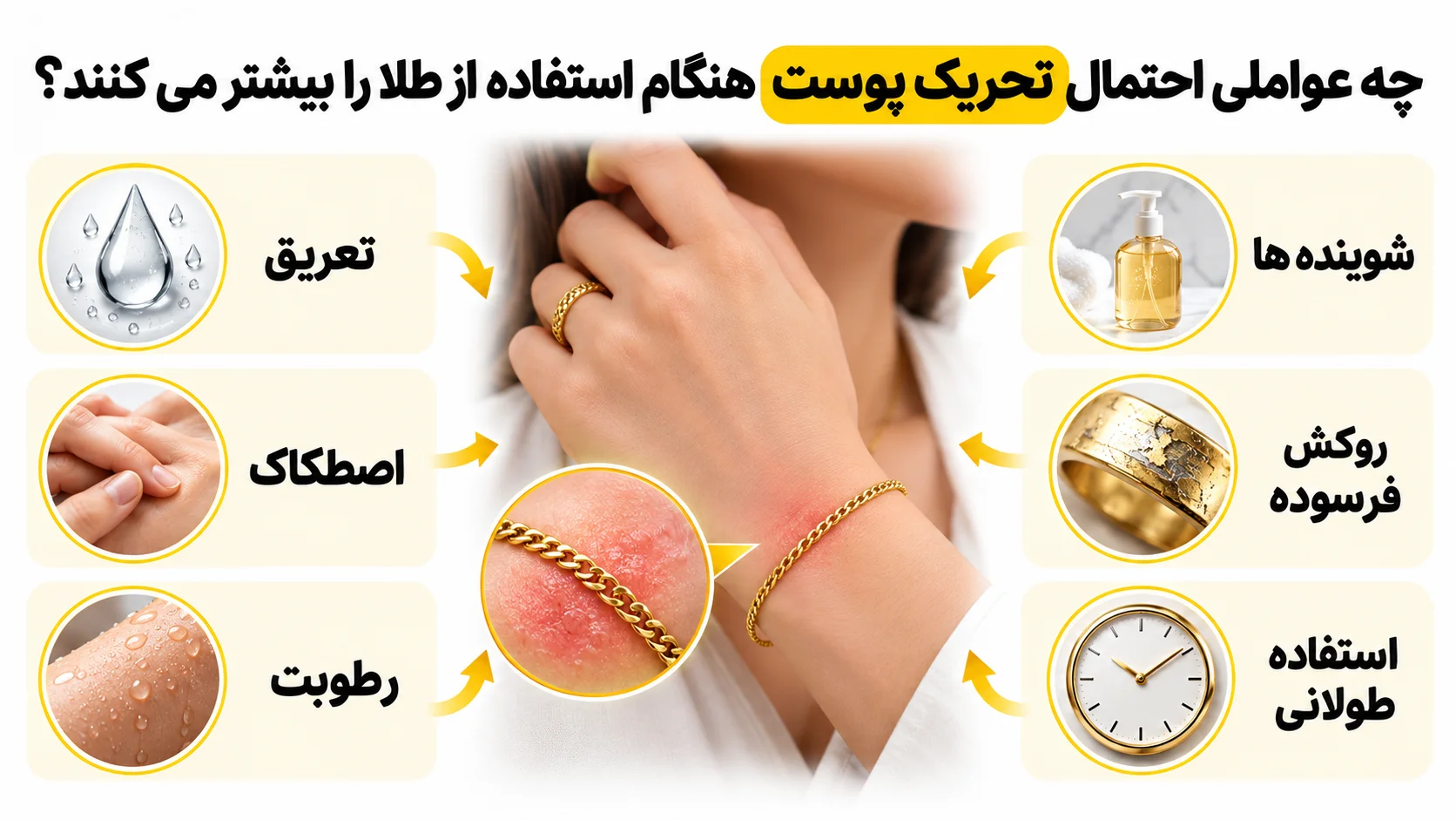 حساسیت به طلا و زیورآلات، علت چیست و هنگام خرید به چه نکاتی توجه کنیم؟ چه عواملی احتمال تحریک پوست هنگام استفاده از طلا را بیشتر می کنند؟