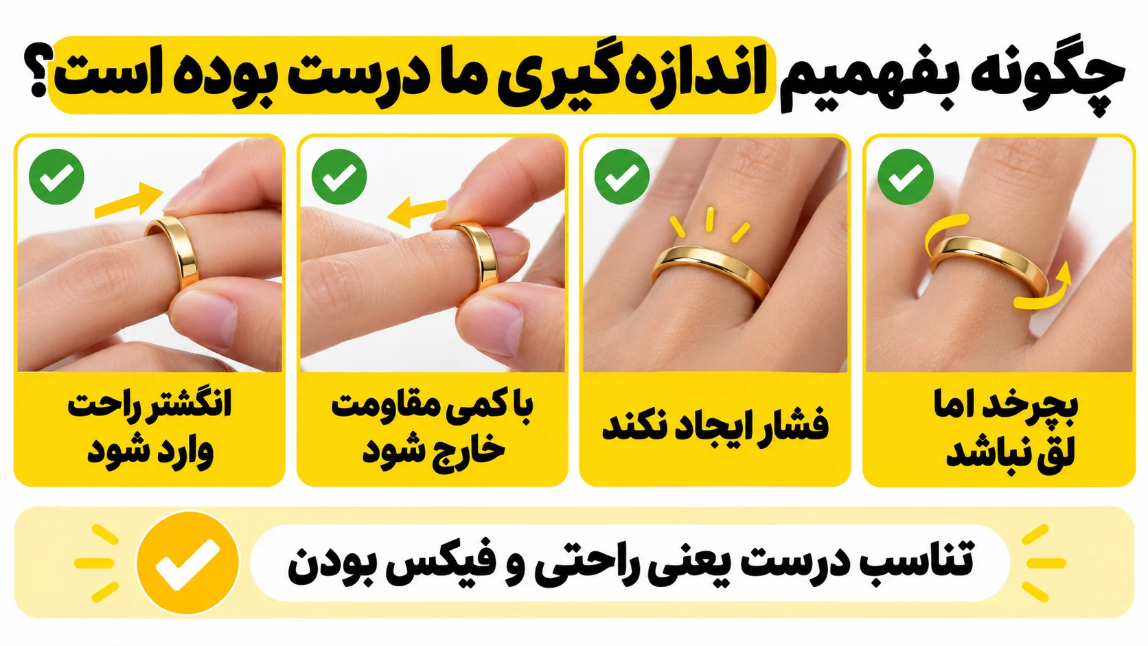 چگونه سایز انگشتر را بفهمیم؟ روش اندازهگیری سایز انگشتر چگونه بفهمیم اندازه گیری ما درست بوده است؟