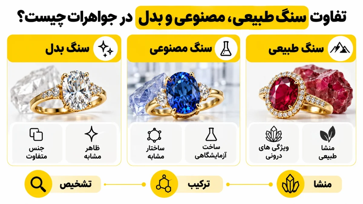 تفاوت سنگ طبیعی، مصنوعی و بدل در جواهرات چیست؟