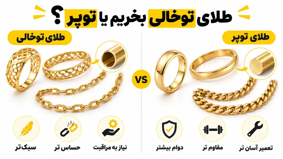 طلای توخالی بخریم یا توپر؟ مقایسه قیمت، دوام و تعمیرپذیری طلای توخالی بخریم یا توپر؟ مقایسه قیمت، دوام و تعمیرپذیری